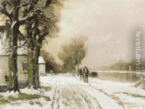 Wintergezicht Met Huizen Langs Een Bevroren Vaart Oil Painting - Louis Apol