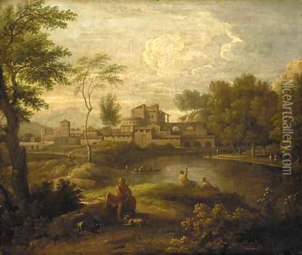 An Italianate landscape with figures by a lake and a town beyond Oil Painting - Jan Frans Van Bloemen (Orizzonte)