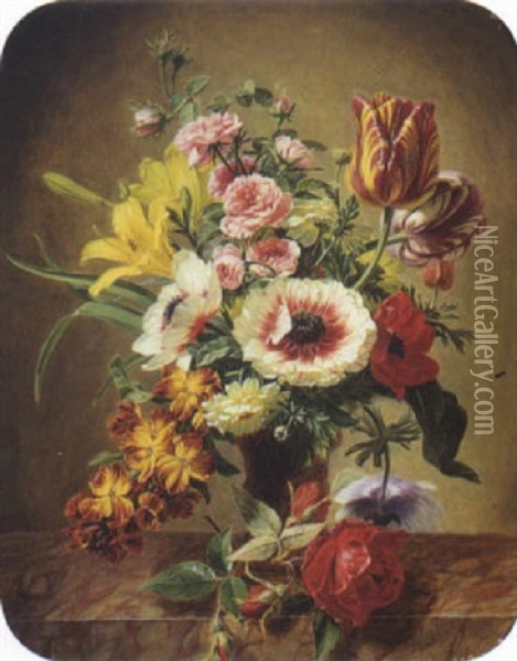 Nature Morte Au Bouquet De Fleurs Sur Un Entablement Oil Painting - Georges Deyrieux