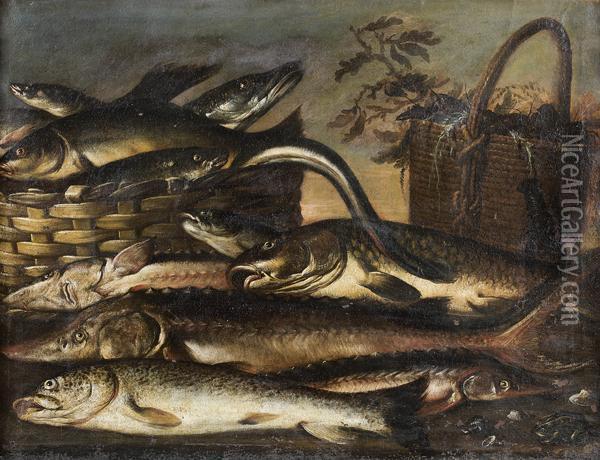 Nature Morte Aux Poissons D'eau Douce : Esturgeons Oil Painting - Rodolfo Lodi