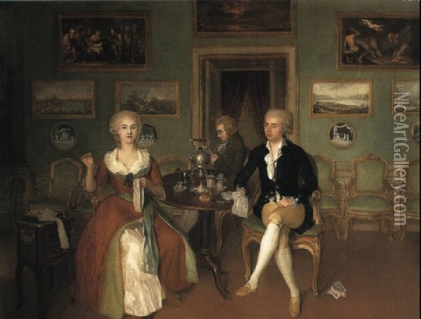 Group Portrait Of A Lady And Two Gentlemen Seated At A Table Oil Painting - Philipp Reinagle