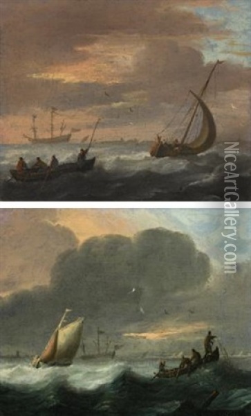 A Small Vessel Running Before A Stiff Breeze In A Choppy Sea And Lowering Sail, And A Rowing Boat (+ A Smalschip Close Hauled And Fishermen In A Rowing Boat Pulling In Nets In A Choppy Sea; Pair) Oil Painting - Abraham Susenier