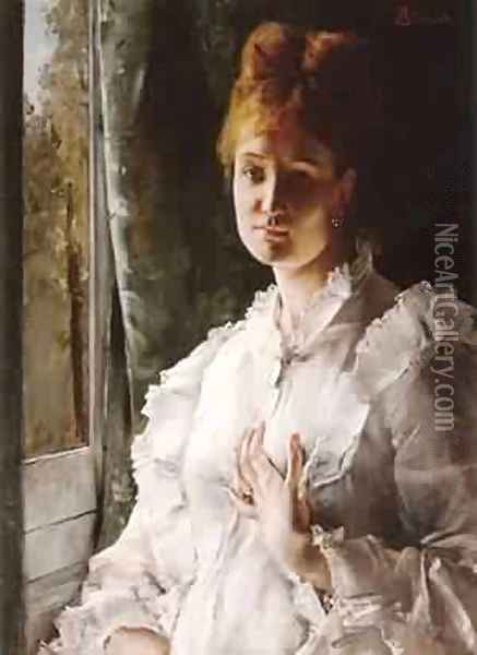 Portrait of a Woman in White Oil Painting - Aime Stevens