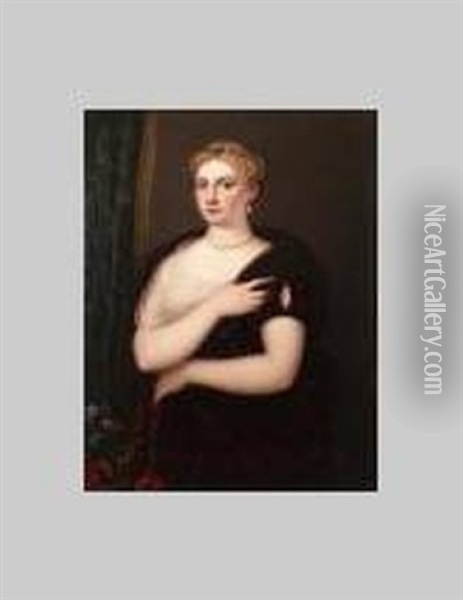 Sofonisba Regina, Wearing Single Shouldered Deep Burgundy Velvet Dress With Slashed Sleeve, White Gauze Underslip, Emerald Ring, Pearl Necklace, Drop Pearl Earring, Jewelled Headband And Pearls Oil Painting - Henry Bone