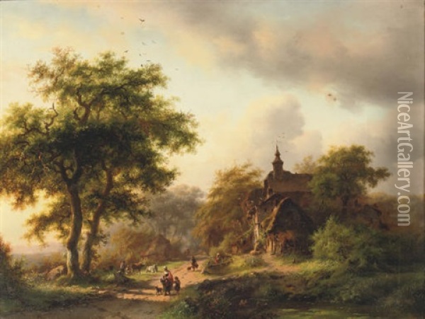 Figures On A Sunlit Path Near A Mansion Oil Painting - Frederik Marinus Kruseman