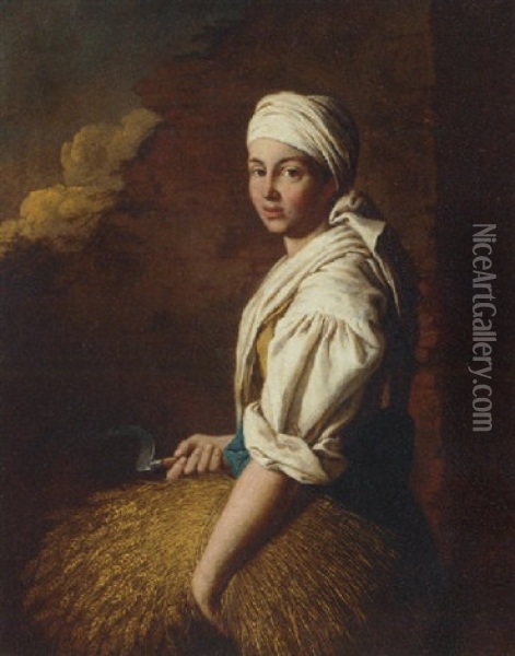 A Peasant Girl Holding A Bushel Of Wheat And A Scythe Oil Painting - Giuseppe Gambarini