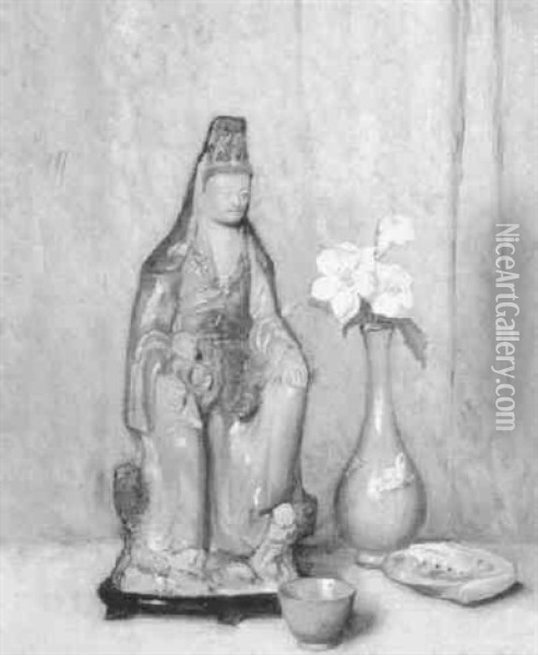 Still Life With Asian Figurine And Vase Oil Painting - Maurice Braun