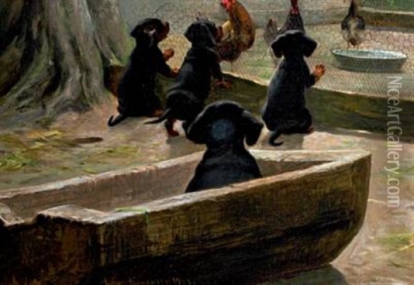 Dachshund Puppies Oil Painting - Simon Simonsen