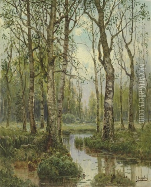 A Stream Running Through A Birch Wood Oil Painting - Simeon Fedorovich Fedorov