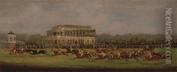 Panoramic View Of British Horse Racing, The Race For The St. Leger Stakes, Doncaster 1829 Oil Painting - Clifton Tomson
