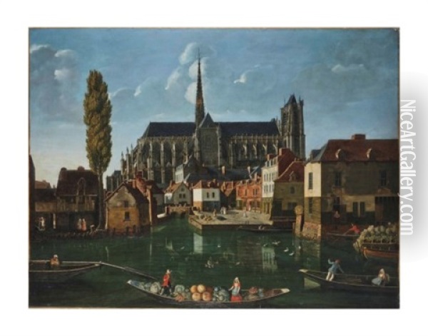 Vue D'amiens Et De La Cathedrale Depuis Le Port Du Don Oil Painting - Antoine Joseph Benjamin Godart