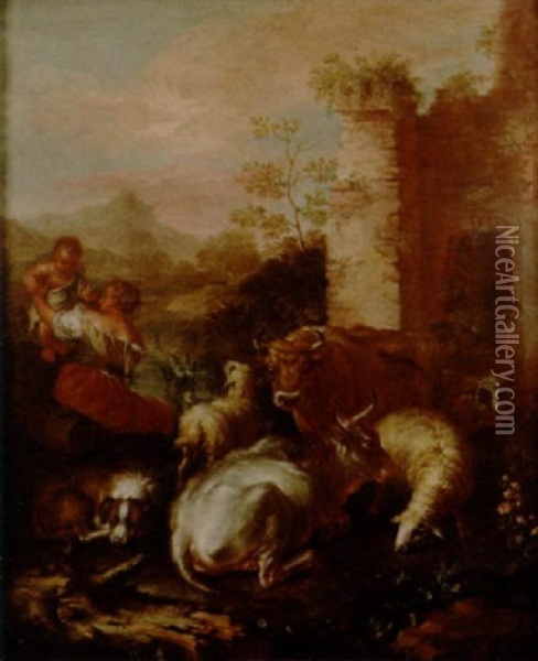 A Shepherdess, Her Child And A Dog Tending Cattle, Sheep, A Goat And A Ram By Ruins In An Italianate Landscape Oil Painting - Giovanni Agostino (Abate) Cassana