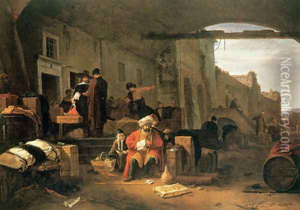 Merchants from Holland and the Middle East trading in a Mediterranean port Oil Painting - Thomas Wyck