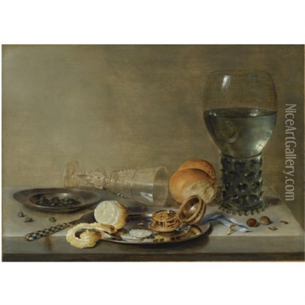 Still Life Of A Roemer And A Facon De Venise, A Partly Peeled Lemon, A Pocket-watch And Capers On Pewter Plates, Together With A Knife, A Bread Roll And Hazelnuts, All Arranged On A Stone Table Oil Painting - Willem Claesz Heda