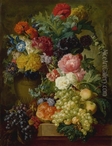 Elaborate Still Life Of Flowers And Fruit Resting On A Stone Ledge, A Wooded Landscape Beyond Oil Painting - Georgius Jacobus Johannes van Os