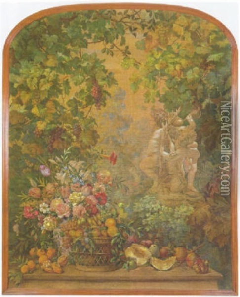 Jardin Con Escultura Y Gran Cesto De Flores Y Frutas Oil Painting - Ramon Stolz Segui