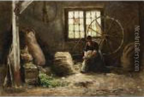 A Peasant Woman Combing Wool Oil Painting - Evert Pieters