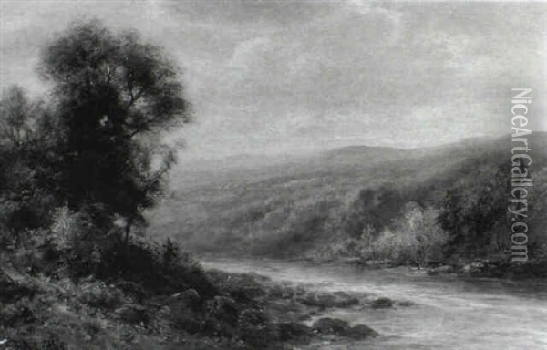 River Landscape With Mountains Beyond Oil Painting - Thomas Bailey Griffin