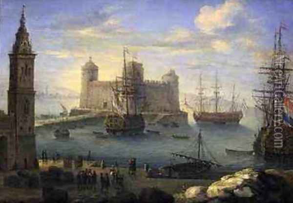 A Mediterranean port with men o war Oil Painting - Charles Laurent Grevenbroeck