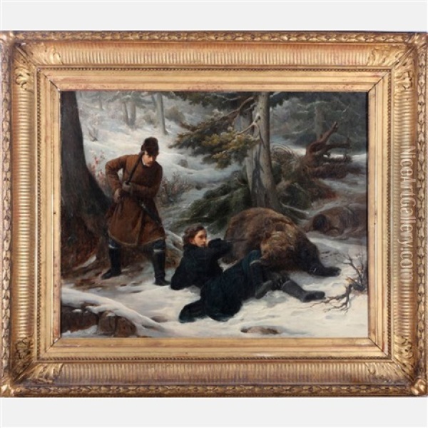 The Bear Hunters Oil Painting - Francois Auguste Biard