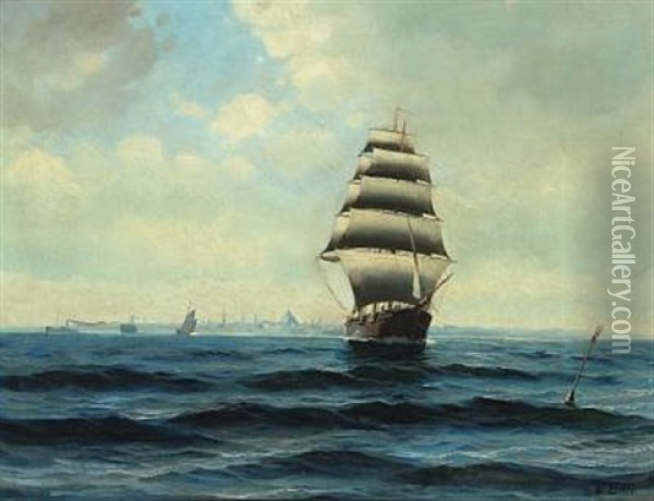 Seascape With Sailing Ships Off Copenhagen Oil Painting - Willy Bille