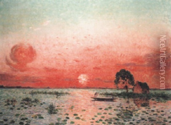 Coucher De Soleil En Briere Oil Painting - Ferdinand du Puigaudeau