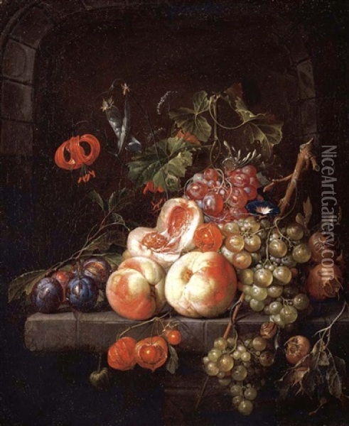 A Still Life Of Peaches, Plums, Grapes And Other Fruits On A Stone Ledge Oil Painting - Cornelis De Heem