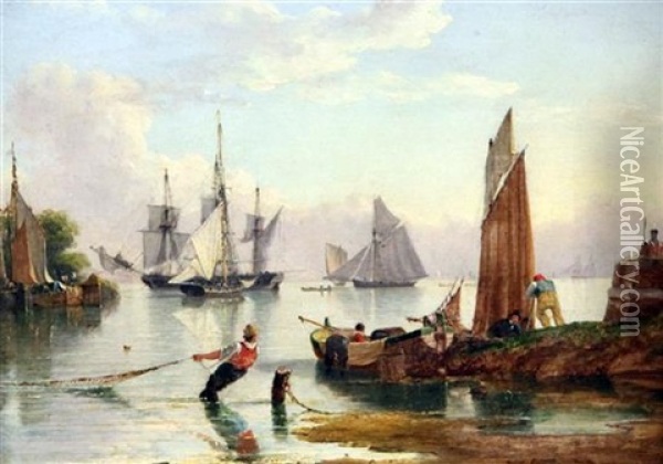 Dutch And English Estuary Scenes With Shipping At Anchor (pair) Oil Painting - John Ward Of Hull