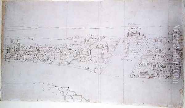 Durham House to Barnards Castle, from The Panorama of London, c.1544 Oil Painting - Anthonis van den Wyngaerde