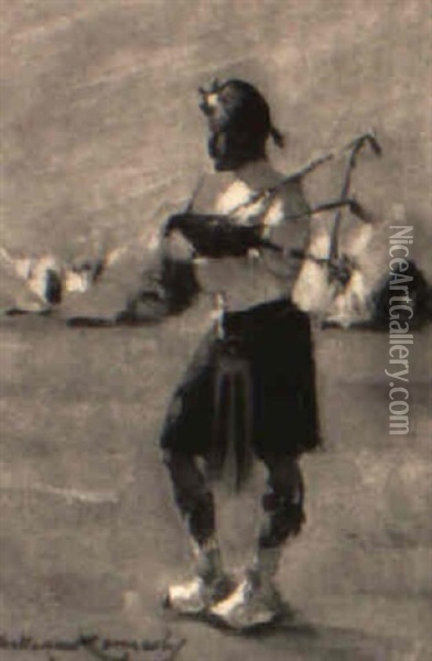 A Scot Playing Bagpipes Oil Painting - William Kennedy