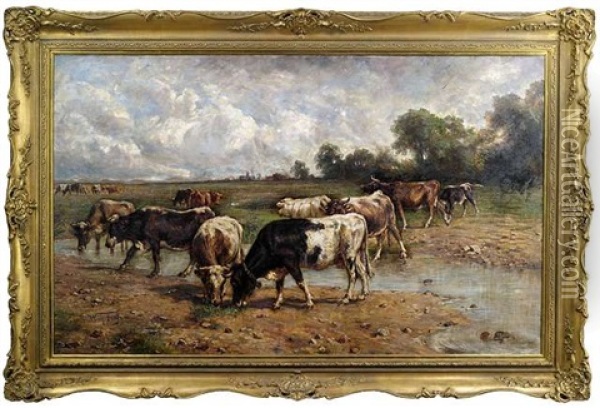 Rinderherde An Einer Wasserstelle In Weiter Landschaft Oil Painting - Wilhelm Friedrich Frey