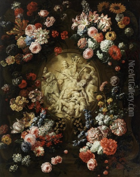 A Garland Of Flowers Surrounding A Medallion Enclosing An Early Christian Motif Oil Painting - Jan-Baptiste Bosschaert