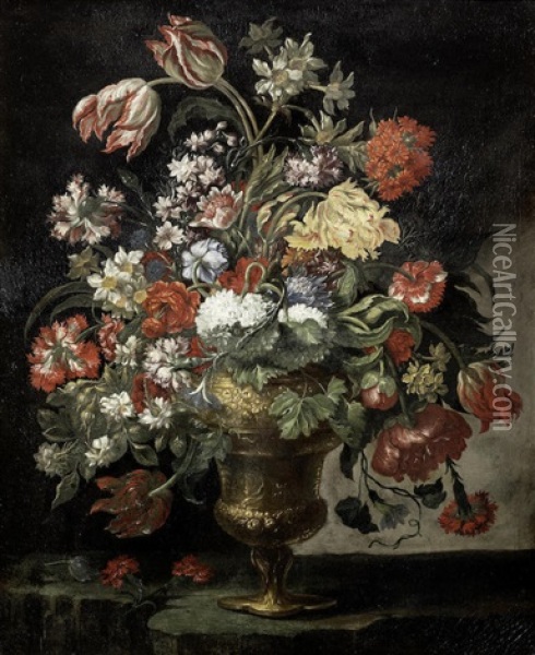 Tulips, Narcissi, Carnations And Other Flowers In A Bronze Urn On A Stone Ledge Oil Painting - Andrea Scacciati