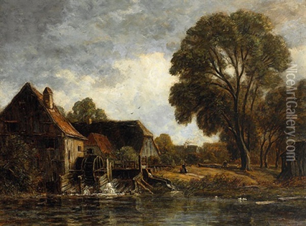 Muhlbach Und Alte Muhle Mit Personenstaffage An Einem Sommernachmittag Oil Painting - Gilbert Von Canal