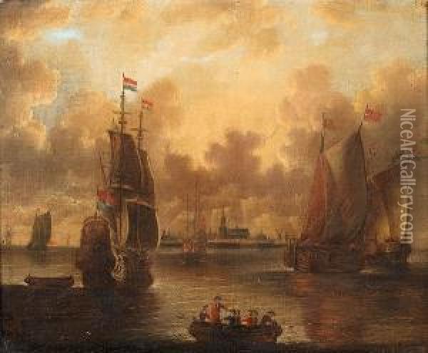 Dutch Shipping At Anchor Off A Coastal Town Oil Painting - Pieter Van Den Velden