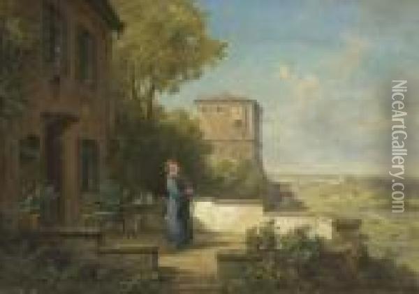 Pfeifenraucher Auf Der Terrasse Oil Painting - Willy Moralt