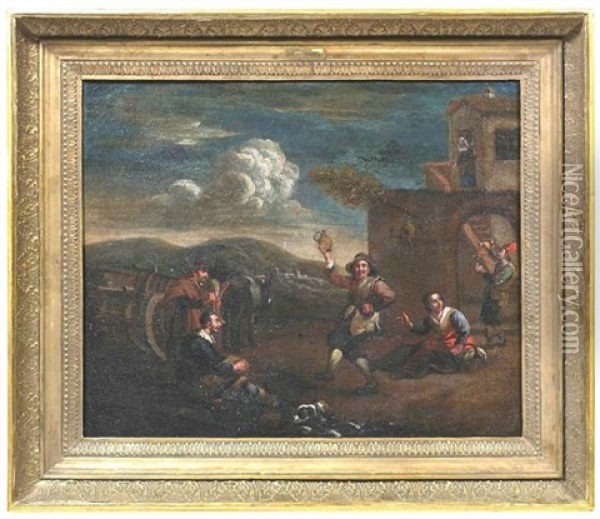 Frohliche Landleute Vor Einer Trattoria In Campagnalandschaft Oil Painting - Pieter Jacobsz. van Laer