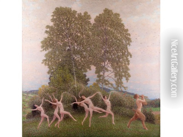 Der Reigen - Tanzende Madchen Mit Einem Flote Blasenden Faun Oil Painting - Maximilian Lenz