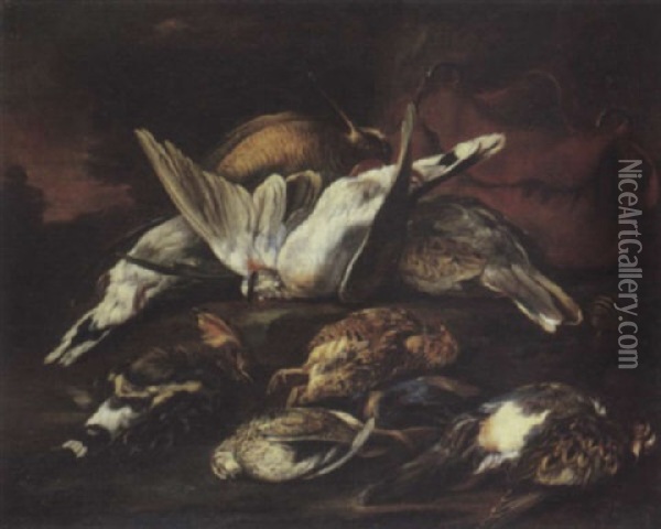 A Hunting Still Life With Dead Birds And A Satchel In A Landscape Oil Painting - Baldassare De Caro
