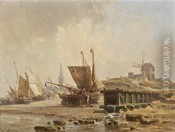 Barques De Peche Sur Une Greve, Un Moulin Et Un Clocher Dans Le Fond Oil Painting - Charles Louis Mozin
