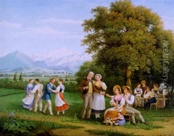 Fest Auf Dem Lande Bei Genf Mit Blick Auf Den Montblanc Oil Painting - Frederic Fregevize