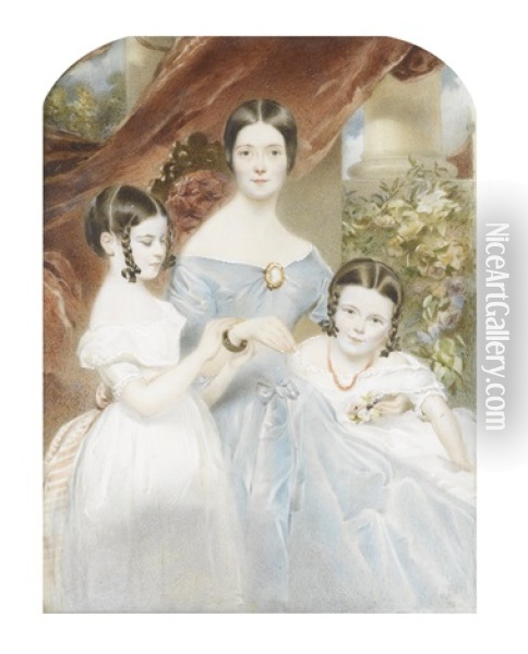 Lady Elizabeth Deane (nee O'callaghan Newenham) (d.1851) And Her Daughters, Susanna Adelaide (1837-1919) And Olivia Louise (b.1838) Oil Painting - Edward J. Harding