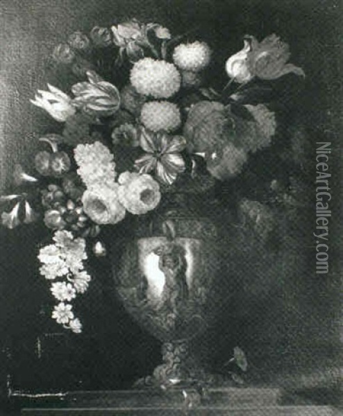 Mixed Flowers In An Urn On A Ledge Oil Painting - Pieter Hardime