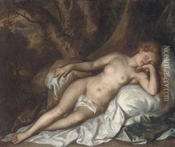 Study Of A Sleeping Nymph In A Woodland Landscape Oil Painting - Tiziano Vecellio (Titian)