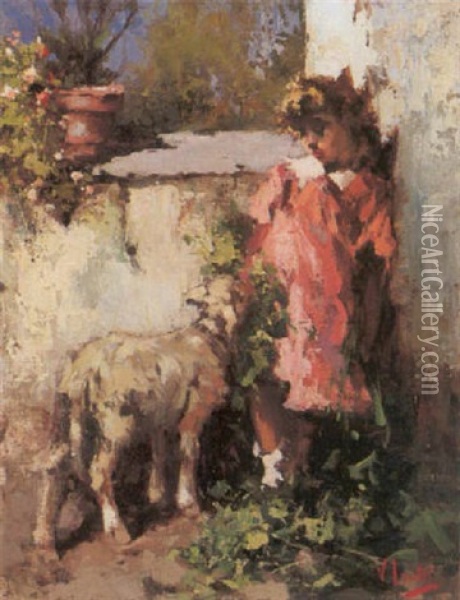 Bambina Con Agnellino Oil Painting - Vincenzo Irolli