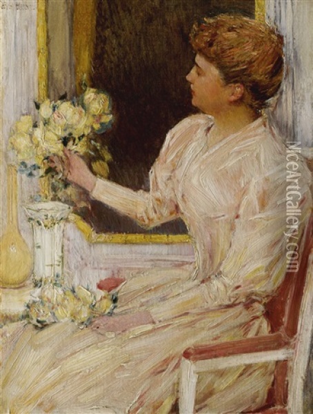 The Lady With Yellow Roses Oil Painting - Childe Hassam