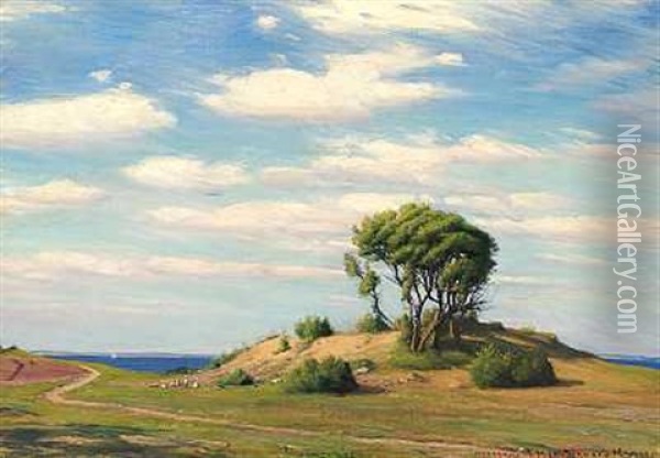 Et Sommerlandskab Fra Moesgaard Med Gaes Ved En Gravhoj Oil Painting - Sigvard Marius Hansen