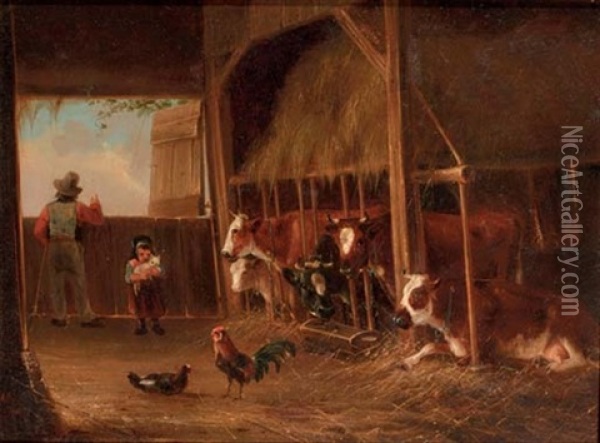 Helping Father In The Stable Oil Painting - August Knip
