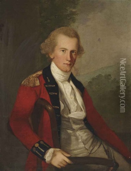 Portrait Of A Gentleman, Three-quarter-length, Seated, In A White Waistcoat And A Red Coat, In A Landscape Oil Painting - Thomas Hickey