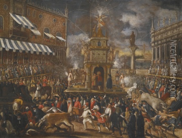 Venice, The Piazzetta At Carnival On Giovedi Grasso With A Firework Display And The Bulls Running Oil Painting - Joseph Heintz the Younger